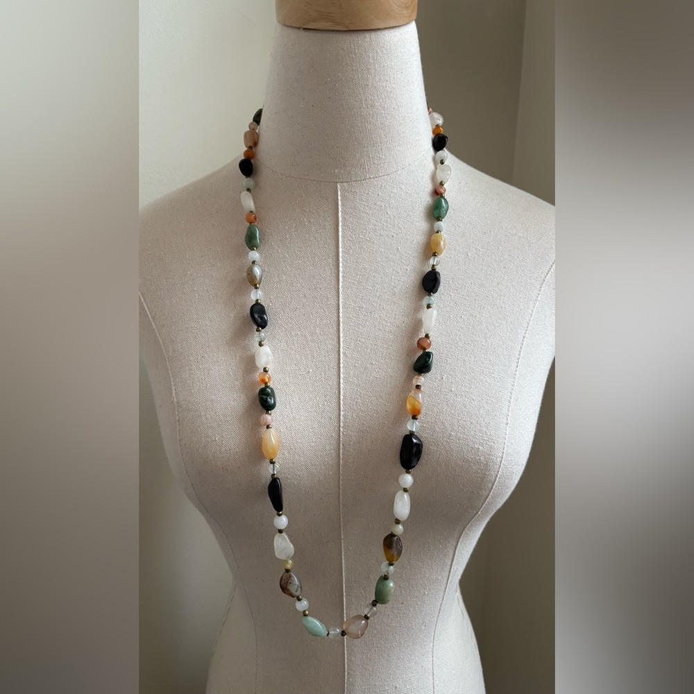 Gorgeous organic colorful vintage long necklace, tumbled gems, stones, beads